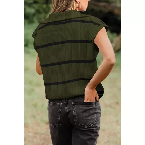 imagePRETTYGARDEN Womens Casual Striped T Shirts Cap Sleeve V Neck 14 Zip Basic Summer Tops BlouseArmy Green