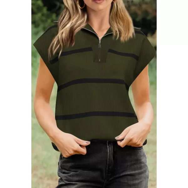 imagePRETTYGARDEN Womens Casual Striped T Shirts Cap Sleeve V Neck 14 Zip Basic Summer Tops BlouseArmy Green