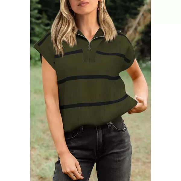 imagePRETTYGARDEN Womens Casual Striped T Shirts Cap Sleeve V Neck 14 Zip Basic Summer Tops BlouseArmy Green