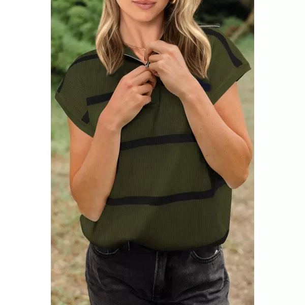 imagePRETTYGARDEN Womens Casual Striped T Shirts Cap Sleeve V Neck 14 Zip Basic Summer Tops BlouseArmy Green