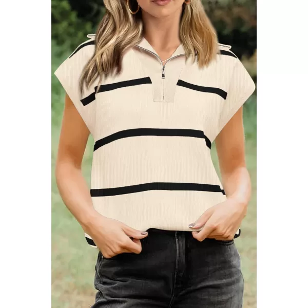 imagePRETTYGARDEN Womens Casual Striped T Shirts Cap Sleeve V Neck 14 Zip Basic Summer Tops BlouseBeige