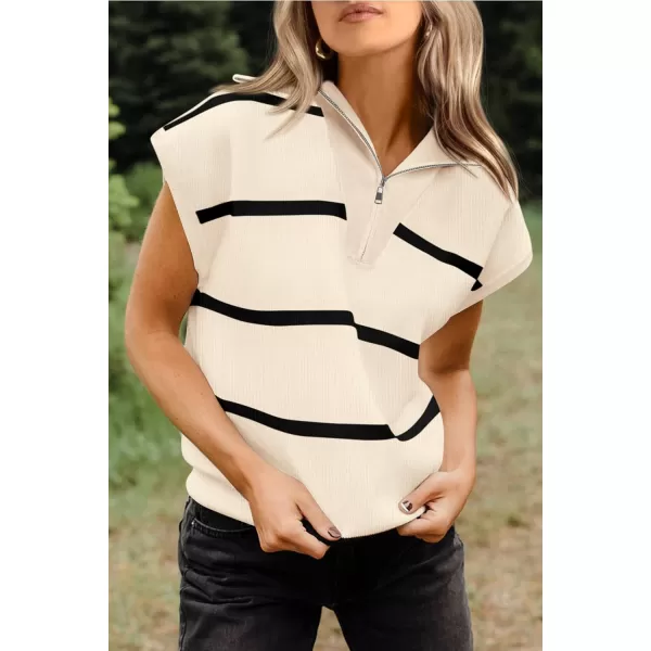imagePRETTYGARDEN Womens Casual Striped T Shirts Cap Sleeve V Neck 14 Zip Basic Summer Tops BlouseBeige