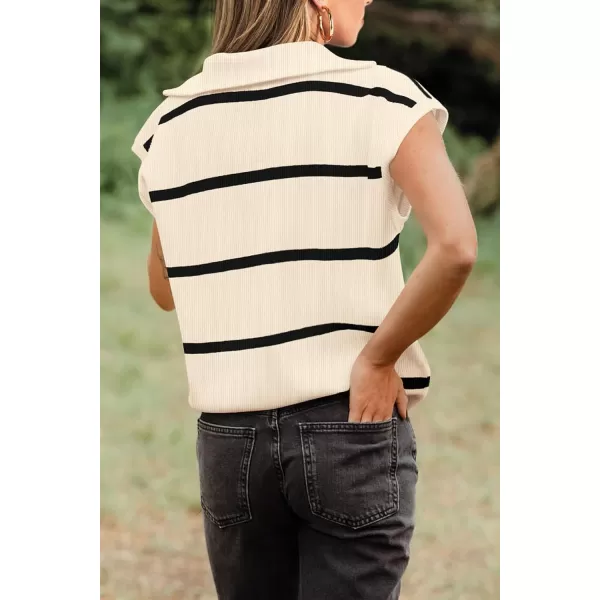 imagePRETTYGARDEN Womens Casual Striped T Shirts Cap Sleeve V Neck 14 Zip Basic Summer Tops BlouseBeige