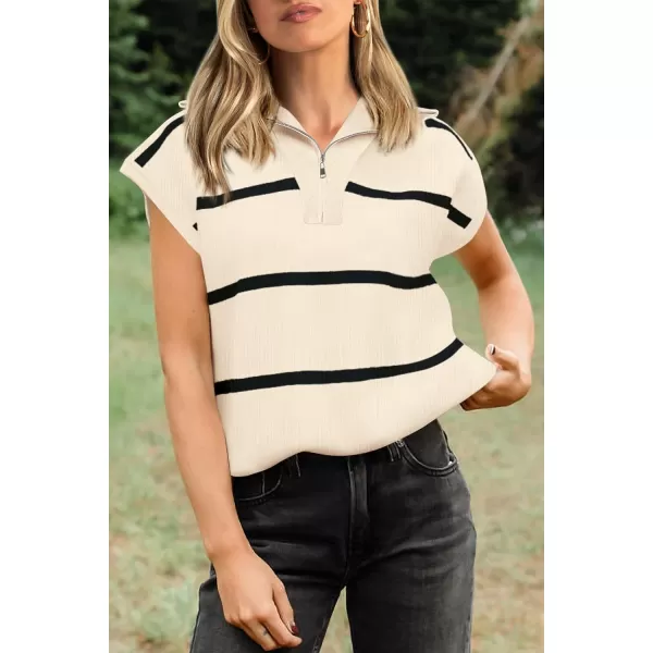 imagePRETTYGARDEN Womens Casual Striped T Shirts Cap Sleeve V Neck 14 Zip Basic Summer Tops BlouseBeige