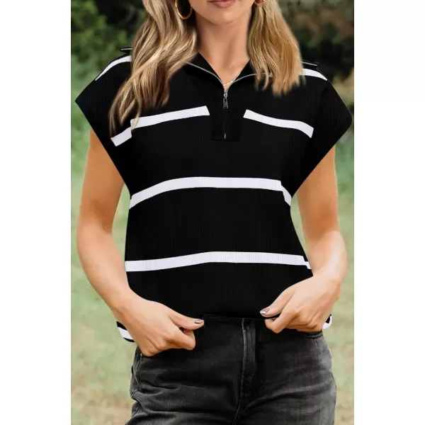 imagePRETTYGARDEN Womens Casual Striped T Shirts Cap Sleeve V Neck 14 Zip Basic Summer Tops BlouseBlack