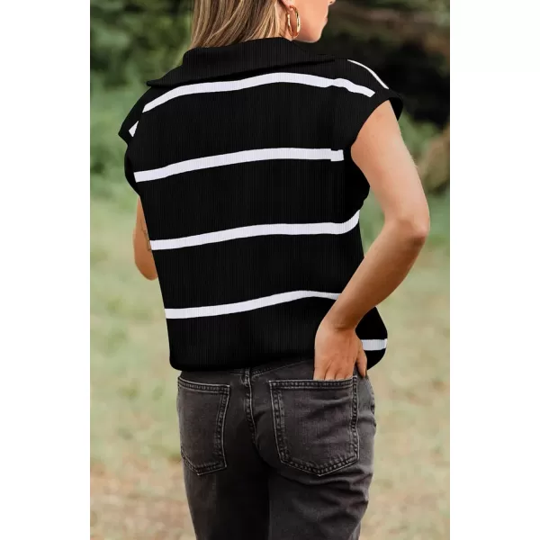 imagePRETTYGARDEN Womens Casual Striped T Shirts Cap Sleeve V Neck 14 Zip Basic Summer Tops BlouseBlack