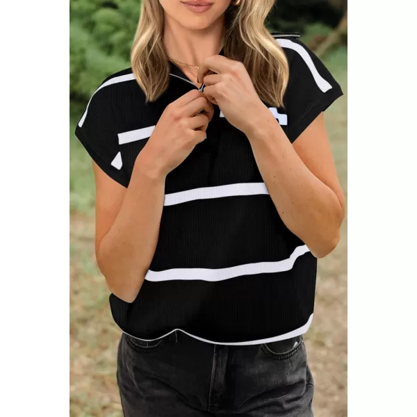 imagePRETTYGARDEN Womens Casual Striped T Shirts Cap Sleeve V Neck 14 Zip Basic Summer Tops BlouseBlack