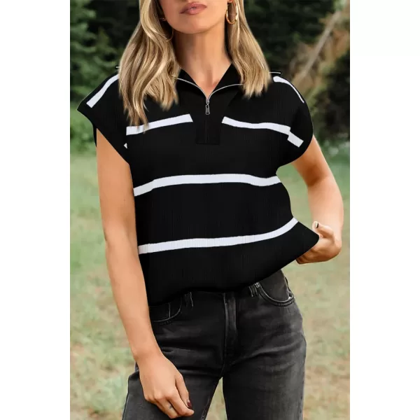 imagePRETTYGARDEN Womens Casual Striped T Shirts Cap Sleeve V Neck 14 Zip Basic Summer Tops BlouseBlack