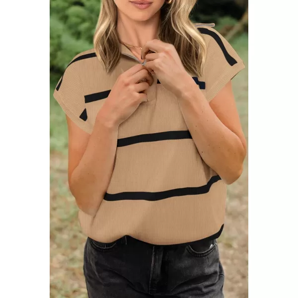 imagePRETTYGARDEN Womens Casual Striped T Shirts Cap Sleeve V Neck 14 Zip Basic Summer Tops BlouseKhaki