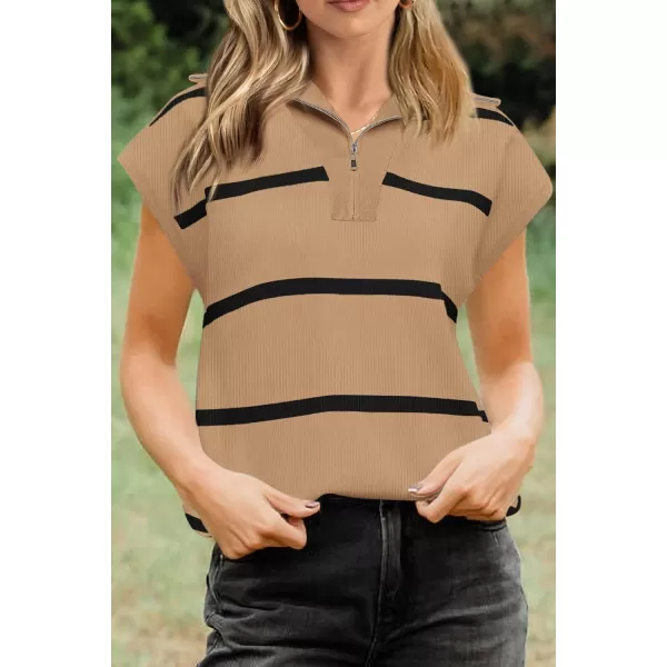 imagePRETTYGARDEN Womens Casual Striped T Shirts Cap Sleeve V Neck 14 Zip Basic Summer Tops BlouseKhaki
