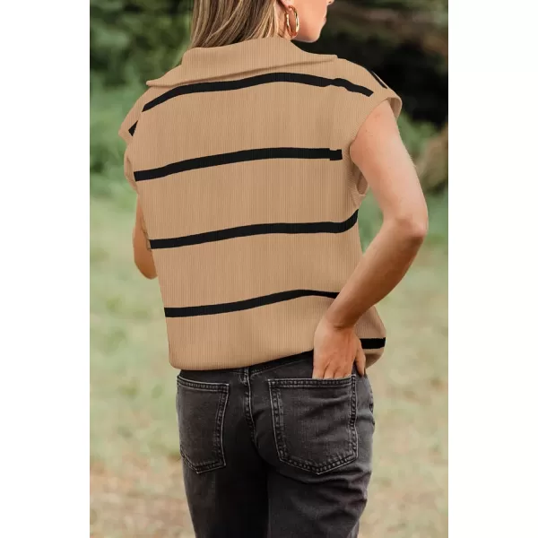 imagePRETTYGARDEN Womens Casual Striped T Shirts Cap Sleeve V Neck 14 Zip Basic Summer Tops BlouseKhaki