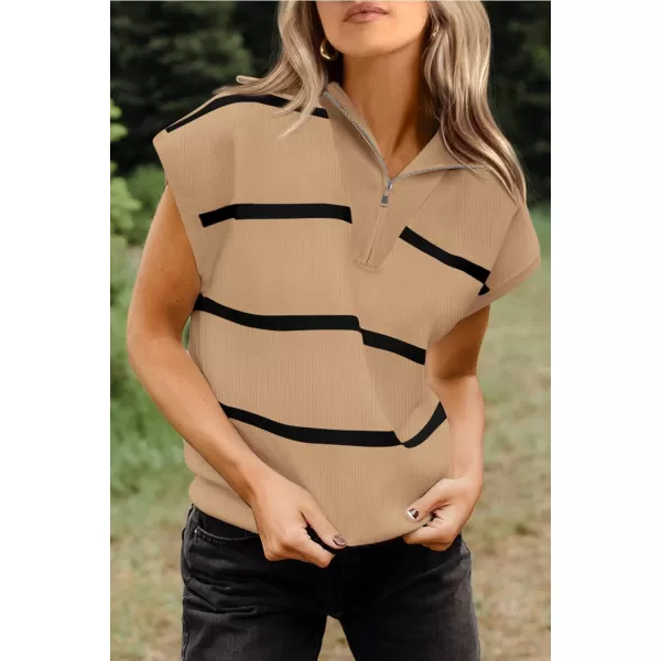 imagePRETTYGARDEN Womens Casual Striped T Shirts Cap Sleeve V Neck 14 Zip Basic Summer Tops BlouseKhaki