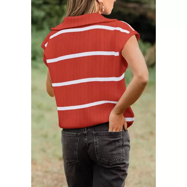 imagePRETTYGARDEN Womens Casual Striped T Shirts Cap Sleeve V Neck 14 Zip Basic Summer Tops BlouseRust Red