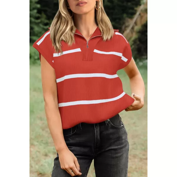 imagePRETTYGARDEN Womens Casual Striped T Shirts Cap Sleeve V Neck 14 Zip Basic Summer Tops BlouseRust Red