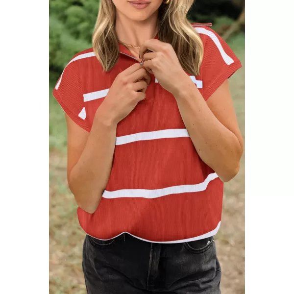imagePRETTYGARDEN Womens Casual Striped T Shirts Cap Sleeve V Neck 14 Zip Basic Summer Tops BlouseRust Red