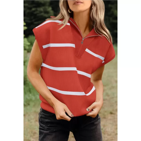 imagePRETTYGARDEN Womens Casual Striped T Shirts Cap Sleeve V Neck 14 Zip Basic Summer Tops BlouseRust Red