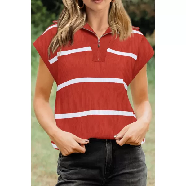 imagePRETTYGARDEN Womens Casual Striped T Shirts Cap Sleeve V Neck 14 Zip Basic Summer Tops BlouseRust Red