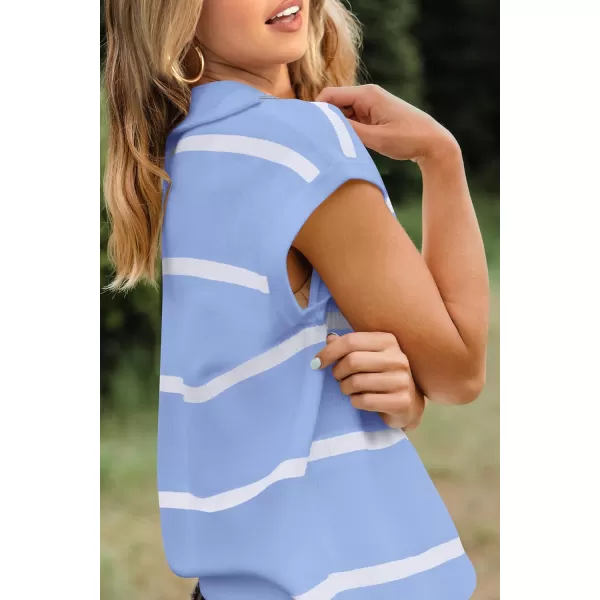 imagePRETTYGARDEN Womens Casual Striped T Shirts Cap Sleeve V Neck 14 Zip Basic Summer Tops BlouseSky Blue