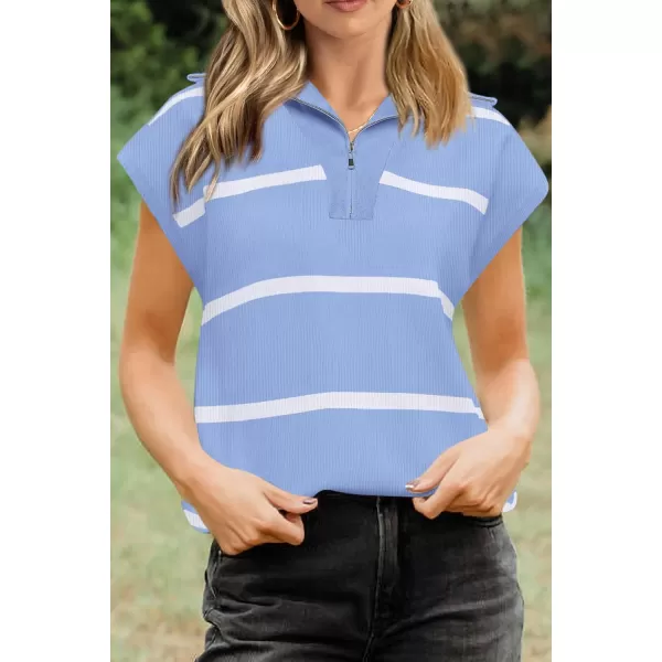 imagePRETTYGARDEN Womens Casual Striped T Shirts Cap Sleeve V Neck 14 Zip Basic Summer Tops BlouseSky Blue