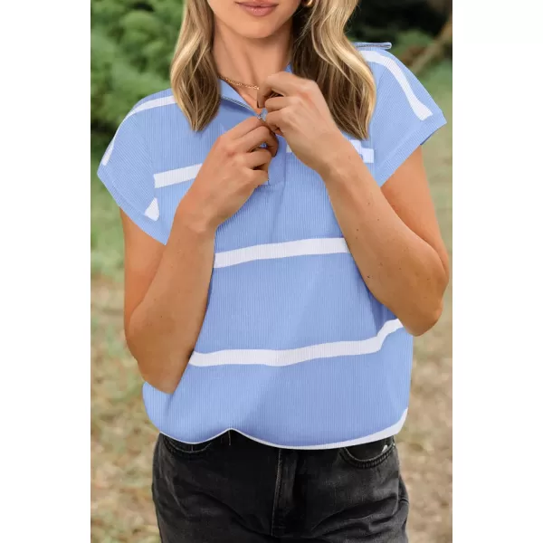 imagePRETTYGARDEN Womens Casual Striped T Shirts Cap Sleeve V Neck 14 Zip Basic Summer Tops BlouseSky Blue