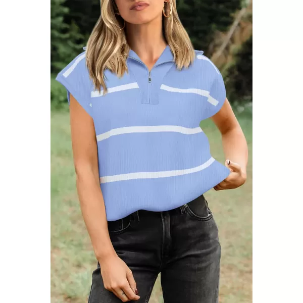 imagePRETTYGARDEN Womens Casual Striped T Shirts Cap Sleeve V Neck 14 Zip Basic Summer Tops BlouseSky Blue