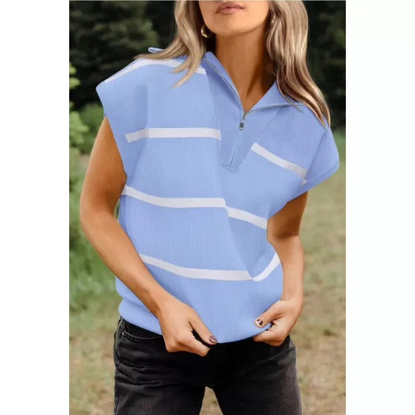 imagePRETTYGARDEN Womens Casual Striped T Shirts Cap Sleeve V Neck 14 Zip Basic Summer Tops BlouseSky Blue
