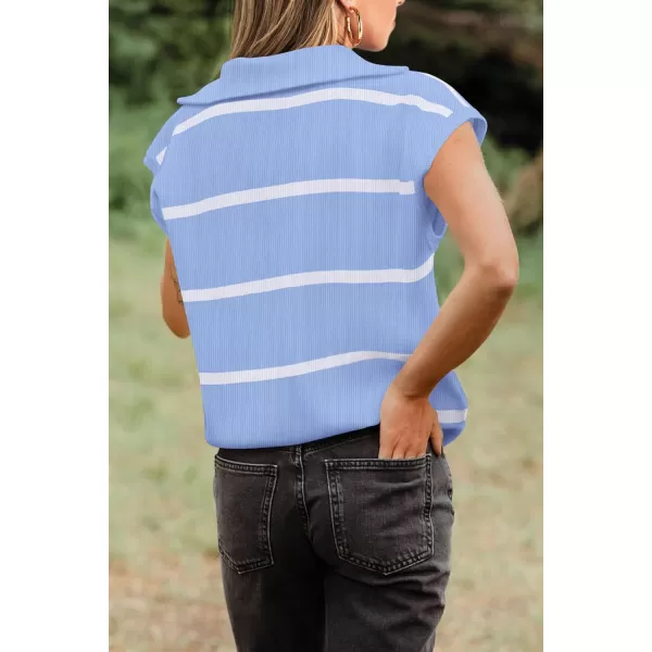 imagePRETTYGARDEN Womens Casual Striped T Shirts Cap Sleeve V Neck 14 Zip Basic Summer Tops BlouseSky Blue