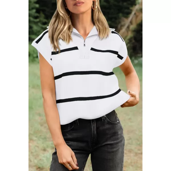 imagePRETTYGARDEN Womens Casual Striped T Shirts Cap Sleeve V Neck 14 Zip Basic Summer Tops BlouseWhite
