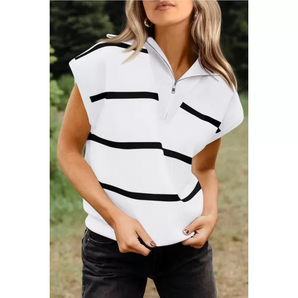 imagePRETTYGARDEN Womens Casual Striped T Shirts Cap Sleeve V Neck 14 Zip Basic Summer Tops BlouseWhite