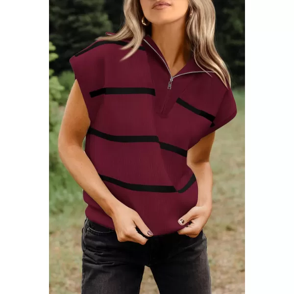 imagePRETTYGARDEN Womens Casual Striped T Shirts Cap Sleeve V Neck 14 Zip Basic Summer Tops BlouseWine Red