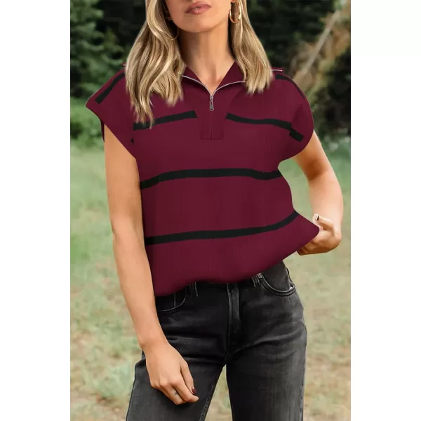 imagePRETTYGARDEN Womens Casual Striped T Shirts Cap Sleeve V Neck 14 Zip Basic Summer Tops BlouseWine Red