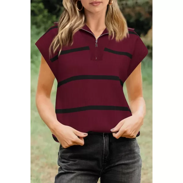 imagePRETTYGARDEN Womens Casual Striped T Shirts Cap Sleeve V Neck 14 Zip Basic Summer Tops BlouseWine Red