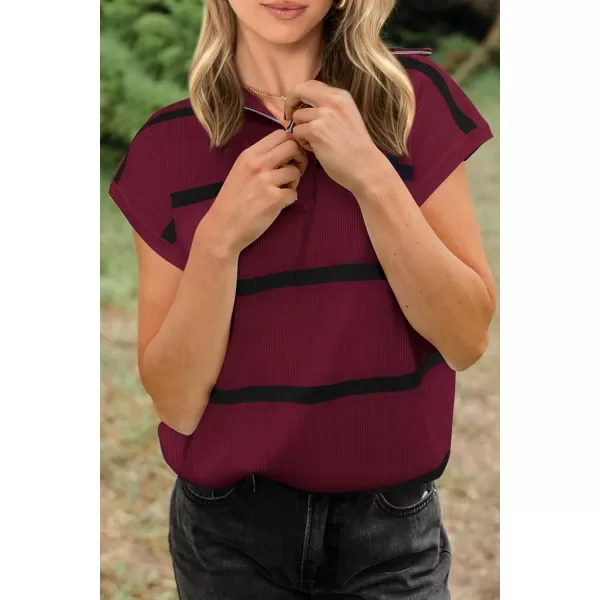 imagePRETTYGARDEN Womens Casual Striped T Shirts Cap Sleeve V Neck 14 Zip Basic Summer Tops BlouseWine Red