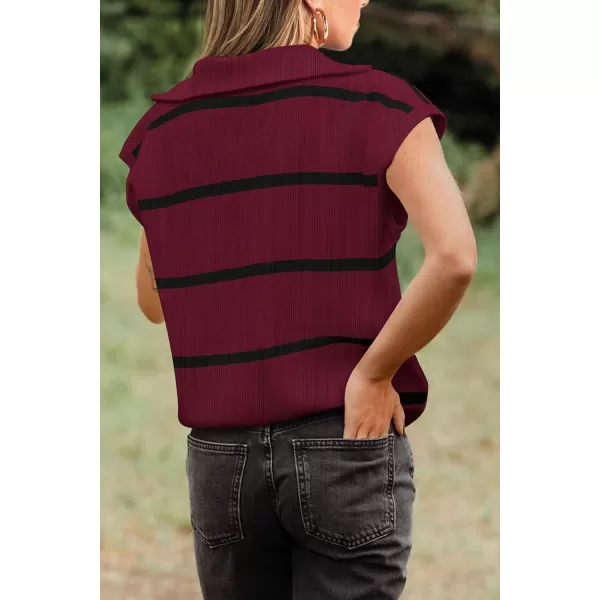 imagePRETTYGARDEN Womens Casual Striped T Shirts Cap Sleeve V Neck 14 Zip Basic Summer Tops BlouseWine Red