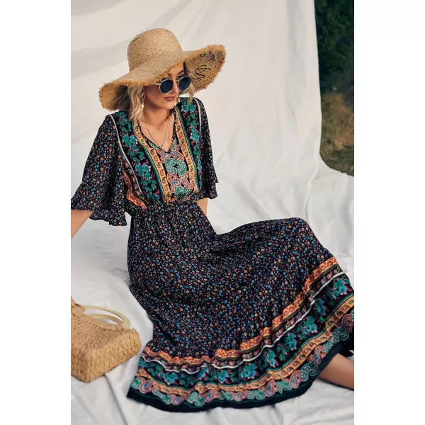 imagePRETTYGARDEN Womens Casual Summer Boho Floral Print Dress V Neck Short Sleeve High Waist Long Maxi Beach DressesBlack Floral