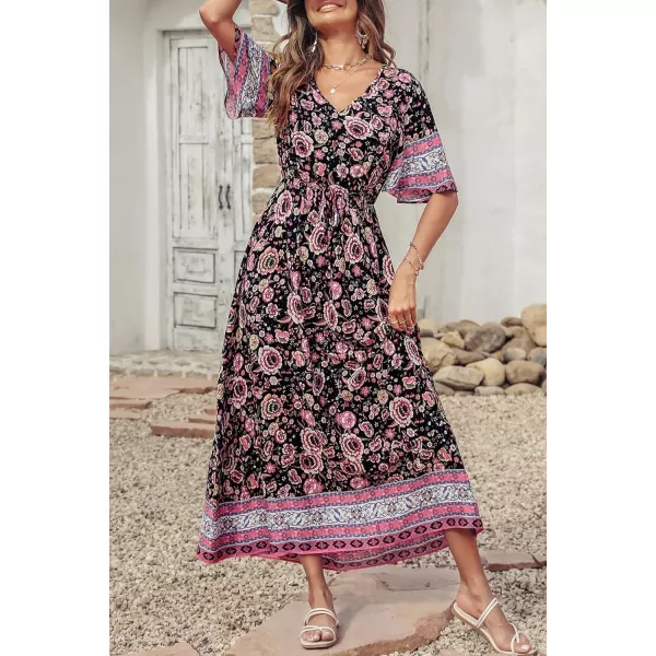 imagePRETTYGARDEN Womens Casual Summer Boho Floral Print Dress V Neck Short Sleeve High Waist Long Maxi Beach DressesBlack Pink Floral