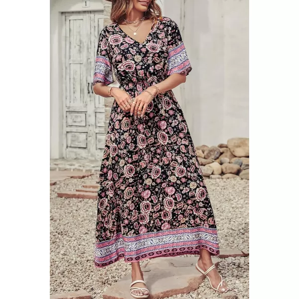 imagePRETTYGARDEN Womens Casual Summer Boho Floral Print Dress V Neck Short Sleeve High Waist Long Maxi Beach DressesBlack Pink Floral