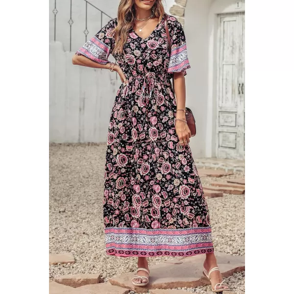 imagePRETTYGARDEN Womens Casual Summer Boho Floral Print Dress V Neck Short Sleeve High Waist Long Maxi Beach DressesBlack Pink Floral