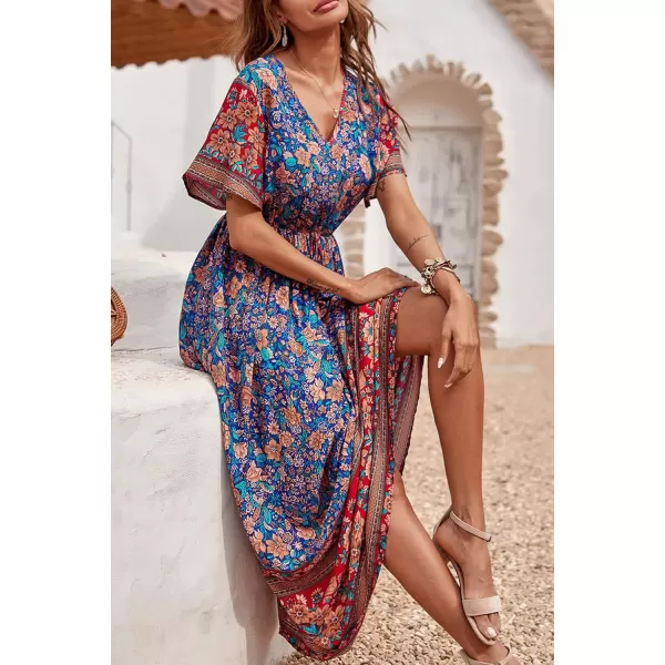 imagePRETTYGARDEN Womens Casual Summer Boho Floral Print Dress V Neck Short Sleeve High Waist Long Maxi Beach DressesBlue
