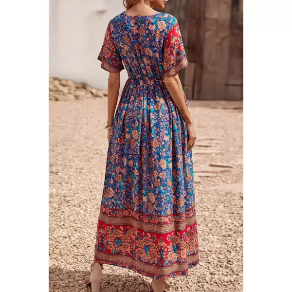 imagePRETTYGARDEN Womens Casual Summer Boho Floral Print Dress V Neck Short Sleeve High Waist Long Maxi Beach DressesBlue