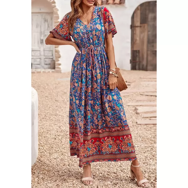 imagePRETTYGARDEN Womens Casual Summer Boho Floral Print Dress V Neck Short Sleeve High Waist Long Maxi Beach DressesBlue
