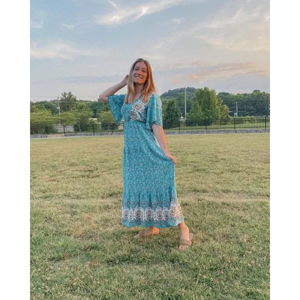 imagePRETTYGARDEN Womens Casual Summer Boho Floral Print Dress V Neck Short Sleeve High Waist Long Maxi Beach DressesBlue Floral