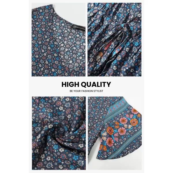 imagePRETTYGARDEN Womens Casual Summer Boho Floral Print Dress V Neck Short Sleeve High Waist Long Maxi Beach DressesBlue Grey Floral