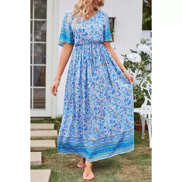 imagePRETTYGARDEN Womens Casual Summer Boho Floral Print Dress V Neck Short Sleeve High Waist Long Maxi Beach DressesBlue Yellow Floral