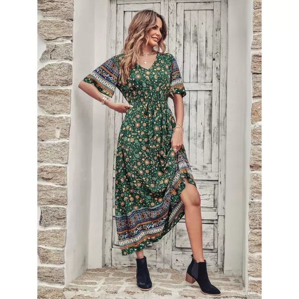 imagePRETTYGARDEN Womens Casual Summer Boho Floral Print Dress V Neck Short Sleeve High Waist Long Maxi Beach DressesDark Green Floral
