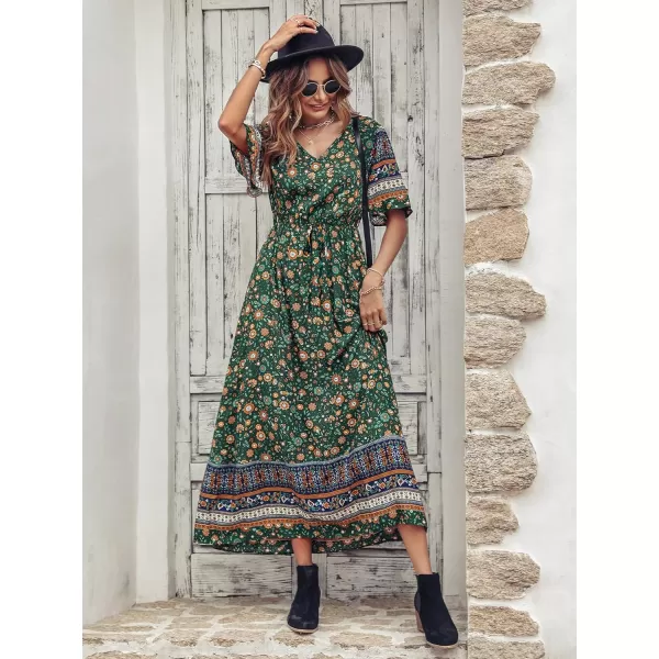 imagePRETTYGARDEN Womens Casual Summer Boho Floral Print Dress V Neck Short Sleeve High Waist Long Maxi Beach DressesDark Green Floral