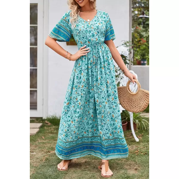 imagePRETTYGARDEN Womens Casual Summer Boho Floral Print Dress V Neck Short Sleeve High Waist Long Maxi Beach DressesGreen Yellow Floral