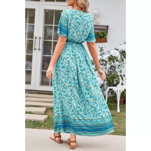 imagePRETTYGARDEN Womens Casual Summer Boho Floral Print Dress V Neck Short Sleeve High Waist Long Maxi Beach DressesGreen Yellow Floral