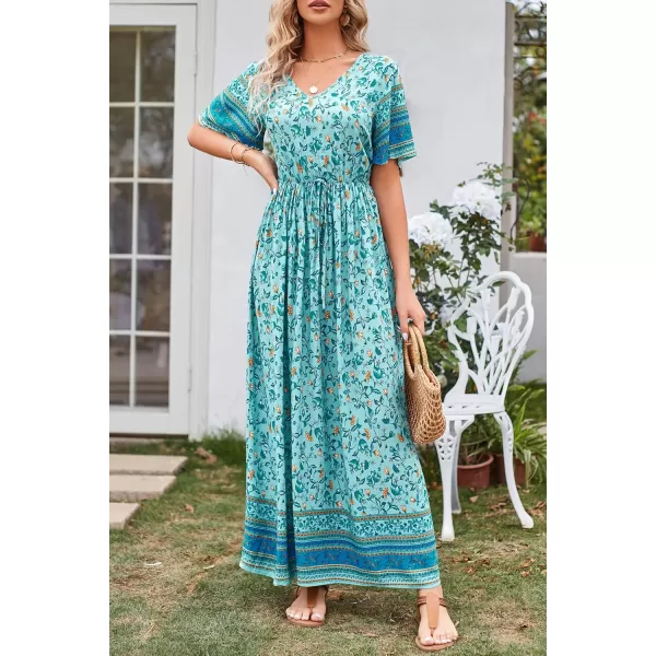 imagePRETTYGARDEN Womens Casual Summer Boho Floral Print Dress V Neck Short Sleeve High Waist Long Maxi Beach DressesGreen Yellow Floral