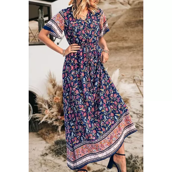 imagePRETTYGARDEN Womens Casual Summer Boho Floral Print Dress V Neck Short Sleeve High Waist Long Maxi Beach DressesNavy